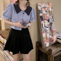 Áo sơ mi nữ dáng croptop tay ngắn bồng phong cách Hàn Quốc mã QD050