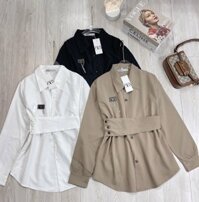 áo sơ mi nữ dáng dài form rộng may logo, áo sơ mi dài tay công sở sanh chảnh - Đen - Freesize