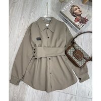 áo sơ mi nữ dáng dài form rộng may logo, áo sơ mi dài tay công sở điệu đà