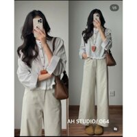 Áo sơ mi nữ dáng rộng tay dài cổ tàu phối bèo thân, kẻ sọc thanh lịch basic, M064