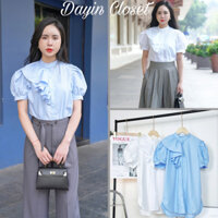 Áo sơ mi nữ Dayin Closet thiết kế cổ tàu, vạt bèo lệch, style công sở thanh lịch, 2 màu trắng xanh dễ phối đồ 103
