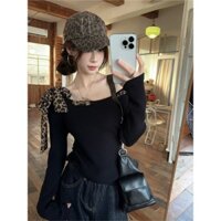 Áo Sơ Mi Nữ Đen Da Báo In Hình Thiết Kế Off-the-Shoulder Ngắn Ngọt Ngào Hot Girl Mùa Xuân Top
