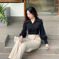 Áo sơ mi nữ đen tay dài lụa mềm