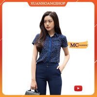 Áo Sơ Mi Nữ Đẹp Mc Fashion Kiểu Dáng Công Sở, Tay Cộc Ngắn, Họa Tiết Chấm Bi,Cổ Đức Màu ( Xanh Tím Than - Trắng) A616 .