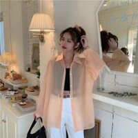 Áo sơ mi nữ đi biển voan tàng hình - Áo khoác nhẹ oversize mix cùng 2 dây siêu xinh - Hồng phấn