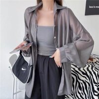 Áo sơ mi nữ đi biển voan tàng hình - Áo khoác nhẹ oversize mix cùng 2 dây siêu xinh - Đen