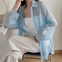 Áo sơ mi nữ đi biển voan tàng hình - Áo khoác nhẹ oversize mix cùng 2 dây siêu xinh - Xanh lơ