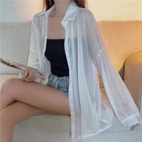 Áo sơ mi nữ đi biển voan tàng hình - Áo khoác nhẹ oversize mix cùng 2 dây siêu xinh - Trắng