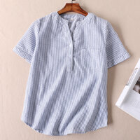 Áo sơ mi nữ Đũi Việt Thiết kế cổ V phối cúc kẻ sọc SM51 - XANH DƯƠNG - L