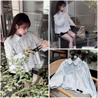 Áo sơ mi nữ form babydoll, Áo sơ mi bèo vai rút tay dài bồng bo gấu xinh xỉu tiểu thư hothit [A12]