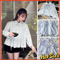 Áo sơ mi nữ form babydoll, Áo sơ mi bèo vai rút tay dài bồng bo gấu xinh xỉu tiểu thư hothit