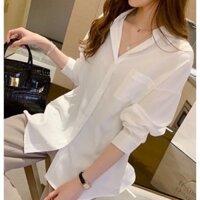 áo sơ mi nữ form rộng tay dài kiểu hàn, áo sơ mi nữ trắng 1 túi basic điệu đà - Freesize