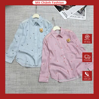 Áo sơ mi nữ form rộng tay dài, áo sơ mi sọc caro thêu gấu, áo sơ mi nữ cute, chất mềm mịn, dễ phối đồ ASM03