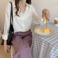 áo sơ mi nữ form rộng tay dài kiểu hàn, áo sơ mi nữ trắng 1 túi basic