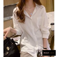 áo sơ mi nữ form rộng tay dài kiểu hàn, áo sơ mi nữ trắng 1 túi basic điệu đà - Freesize < 60kg