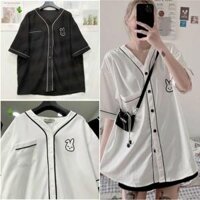 Áo Sơ Mi Nữ Form Rộng Tay Ngắn chất kate lụa Mềm Mịn Với Logo Thỏ - ĐEN - SIZE M