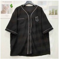 Áo Sơ Mi Nữ Form Rộng Tay Ngắn chất kate lụa Mềm Mịn Với Logo Thỏ - Đen - M