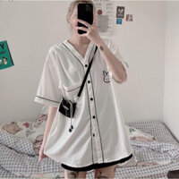 Áo Sơ Mi Nữ Form Rộng Tay Ngắn chất kate lụa Mềm Mịn Với Logo Thỏ - Trắng - L