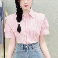 Áo sơ mi nữ hàn quốc vải sọc cotton kiểu vat vai trẻ trung LAMO-B1157