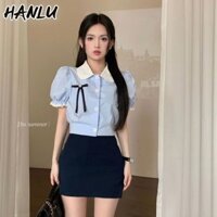 Áo Sơ Mi Nữ HANLU Phong Cách Preppy Peter Pan Cổ Tay Ngắn Nơ Xanh Áo Ngắn