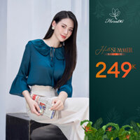 Áo sơ mi nữ HeraDG cổ bèo nhún dây nơ kết hợp tay xoè nữ tính trẻ trung chất liệu Recycle SAKBC9095