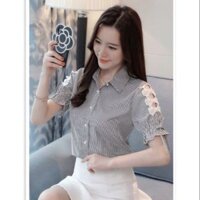Áo sơ mi nữ hở tay kết nơ siêu xinh, áo kiểu nữ viền ren tay, áo sơ mi đi học, áo sơ mi công sở chất vải mịn đẹp