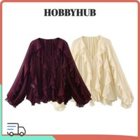 Áo sơ mi nữ HOBBYHUB, Áo sơ mi dài tay cổ chữ V có ren, Áo sơ mi nữ công sở rộng rãi 2025
