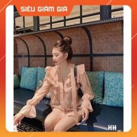 ÁO SƠ MI NỮ HỒNG XẾP VIỀN BÈO DÀI TAY - Váy HOT HIT ANHStore
