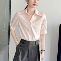 Áo sơ mi nữ kaki hàn thiết kế cổ V tay ngắn sang trọng LAMO - B1349