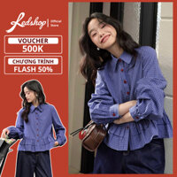 Áo sơ mi nữ kẻ caro nhỏ cúc đỏ, chất thô cotton, form babydoll mặc xuân hè 308001 RedShop