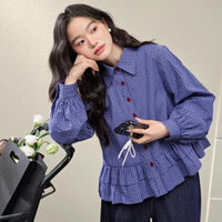 Áo sơ mi nữ kẻ caro nhỏ cúc đỏ, chất thô cotton, form babydoll mặc xuân hè Bun222