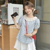 Áo sơ mi nữ kẻ caro tay ngắn cổ viền ren phong cách ulzzang Hàn Quốc 24FebStudio AKN0013
