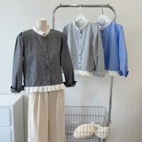 Áo sơ mi nữ kẻ sọc cổ tàu dài tay, áo croptop bèo gấu vintage by Cimie Closet