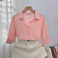 Áo Sơ Mi Nữ Kẻ Sọc Pastel Dài Tay Công Sở Form Rộng Phong Cách Hàn Quốc