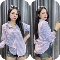 Áo Sơ Mi Nữ Kẻ Sọc Pastel Thêu Vịt Xinh Xắn Chất Liệu Cotton Đũi Mềm Nhẹ Mát, Sơ Mi Công Sở Nữ Freesize