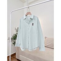 Áo Sơ Mi Nữ Kẻ Sọc Pastel Thêu Hình Couple Xinh Xắn Chất Liệu Cotton Đũi Mềm Nhẹ Mát, Sơ Mi Công Sở Nữ Freesize