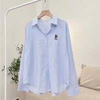 Áo Sơ Mi Nữ Kẻ Sọc Pastel Thêu Hình Couple Xinh Xắn Chất Liệu Cotton Đũi Mềm Nhẹ Mát, Sơ Mi Công Sở Nữ Freesize - Hàng m