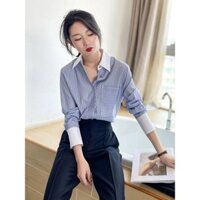 Áo Sơ Mi Nữ Kẻ Sọc Phối Cổ Măng Séc Tay Kết Hơp Khuy Đồng Cao Cấp Phong Cách Trẻ Trung Sang Trọng.