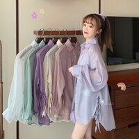 Áo sơ mi nữ khoác ngoài voan tơ mỏng dài tay bồng dây eo, Áo sơ mi nữ đi biển form rộng ovesize buộc nơ sườn Ulzzang