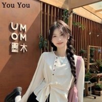 Áo Sơ Mi Nữ Không Đều Cổ Tròn Tròn Dài Tay Áo Sơ Mi Phối Ren Eo Kiểm Soát Peplum Top