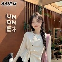 Áo Sơ Mi Nữ Không Đều Cổ Tròn Tròn Dài Tay Áo Sơ Mi Phối Ren Eo Kiểm Soát Peplum Top