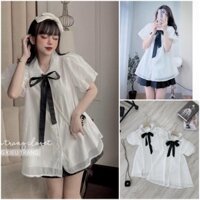 áo sơ mi nữ kiểu babydoll ren tơ phối nơ cổ form rộng dáng xòe xinh xắn - Trắng - Freesize < 62 kg