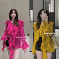 Áo sơ mi nữ kiểu hàn quốc , áo sơ mi dài tay khuy ngọc 4 màu dễ phối đồ