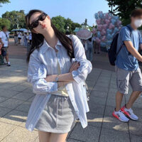 Áo sơ mi nữ kiểu kẻ sọc hồng xanh, áo khoác sơ mi nữ tay dài vải đũi xốp mềm