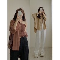 Áo sơ mi nữ kiểu khoác ngoài kèm bra, Áo sơ mi tay dài chất vải thô ulzzang phong cách Hàn Quốc hottrend