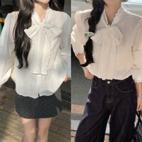 ÁO SƠ MI NỮ KIỂU PHỐI NƠ REN BO TAY CỔ TRÒN FORM RỘNG DÁNG DÀI ÁO SƠ MI NỮ THANH LỊCH ĐI HỌC, ĐI LÀM, ĐI CHƠI