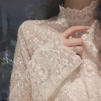 Áo sơ mi nữ kiểu Tây mẫu mới thu đông áo ren phối bên trong tinh tế cổ cao thêu hoa