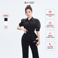 Áo Sơ Mi Nữ 𝐂𝐂𝐇𝐀𝐓 Kiểu Cutout Phối Vải Chất Tuytsi Cao Cấp Mềm Nhẹ 53FNS8001PT
