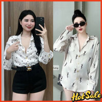 Áo Sơ Mi Nữ Lụa , Áo Sơ Mi Tay Dài Nữ Cúc Đồng Hoạ Tiết Chữ Form Dài Giấu Quần Siêu Sang Chảnh