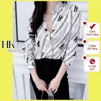 Áo sơ mi nữ lụa dài tay cao cấp công sở họa tiết dây xích nền trắng, áo sơ mi họa tiết thiết kế HK Official